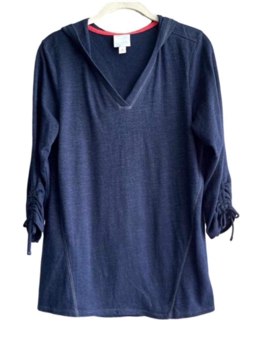 Sunday V-neck Hoodie Ruched Tie Sleeve Cotton Blend Blue Size M
